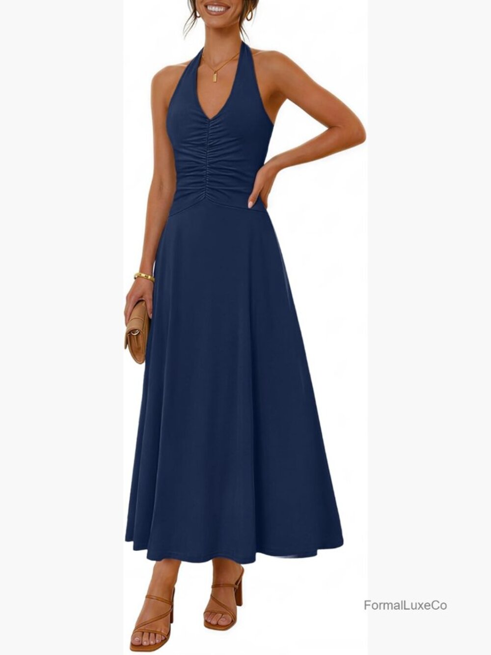 Formal Halter Maxi Dress Sleeveless V Neck Ruched Cocktail Wedding Guest